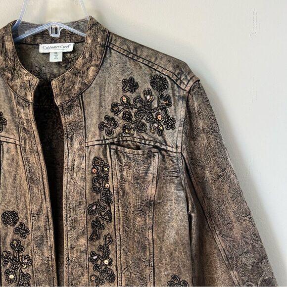Coldwater Creek Burnout Art to Wear Mocha Embroidered Denim Jacket Size XL - Picture 2 of 15